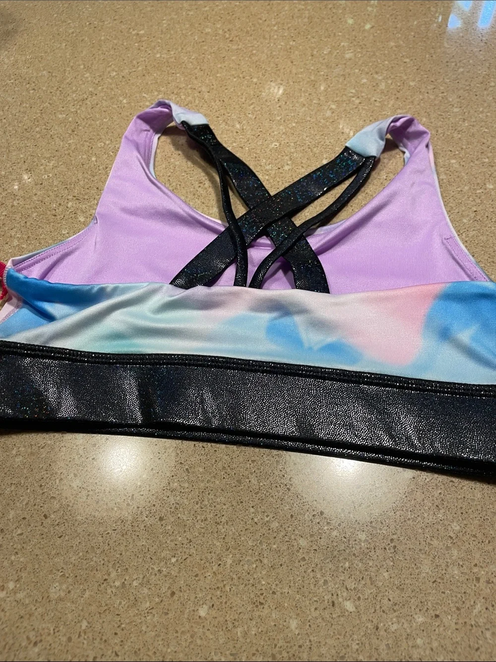 Justice Pastel Tie-Dye Sports Bra/Dance Tank with Black Shimmer Band